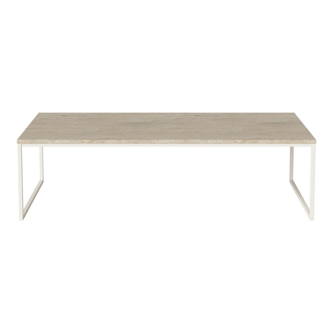 Light gray rectangular tabletop with a smooth finish and white metal legs, featuring a minimalist design.