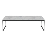 Modern coffee table with a white marble top featuring subtle gray veining and a sleek black metal frame.
