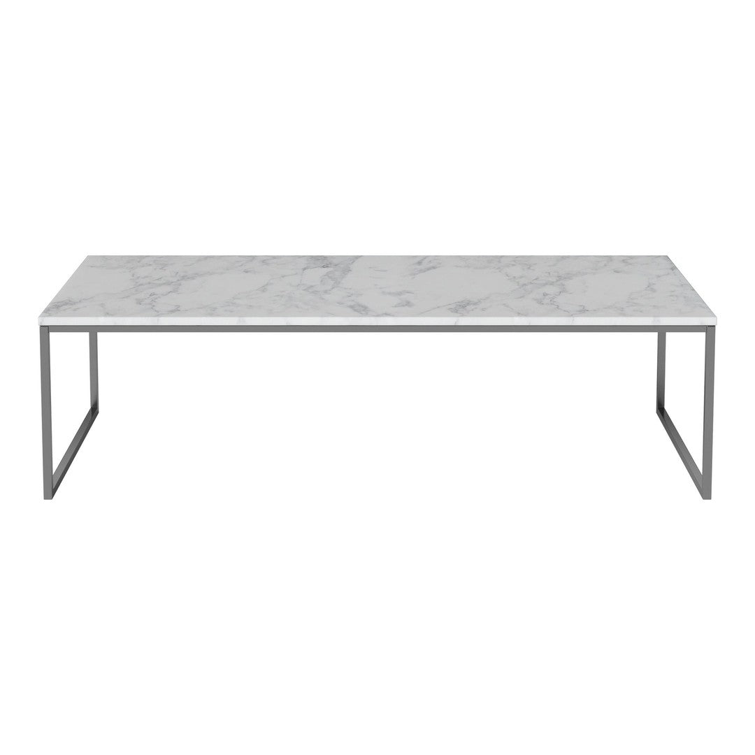 Marble coffee table with a sleek white and gray pattern, complemented by a simple metal frame.