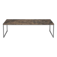 Brown marble-like tabletop with a smooth finish, complemented by a sleek metallic frame in silver.