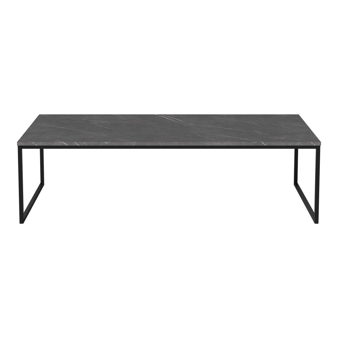 Sleek black marble coffee table with geometric pattern and minimalist black metal frame.