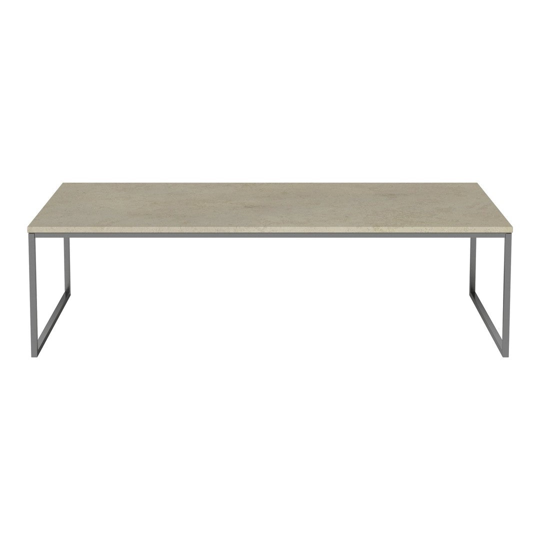 Rectangular coffee table with a smooth gray top and sleek metal legs, showcasing a minimalist, modern design.