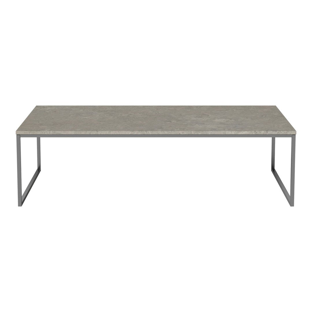 Modern gray rectangular table with a sleek natural stone pattern and minimalist metal legs. Ideal for contemporary spaces.