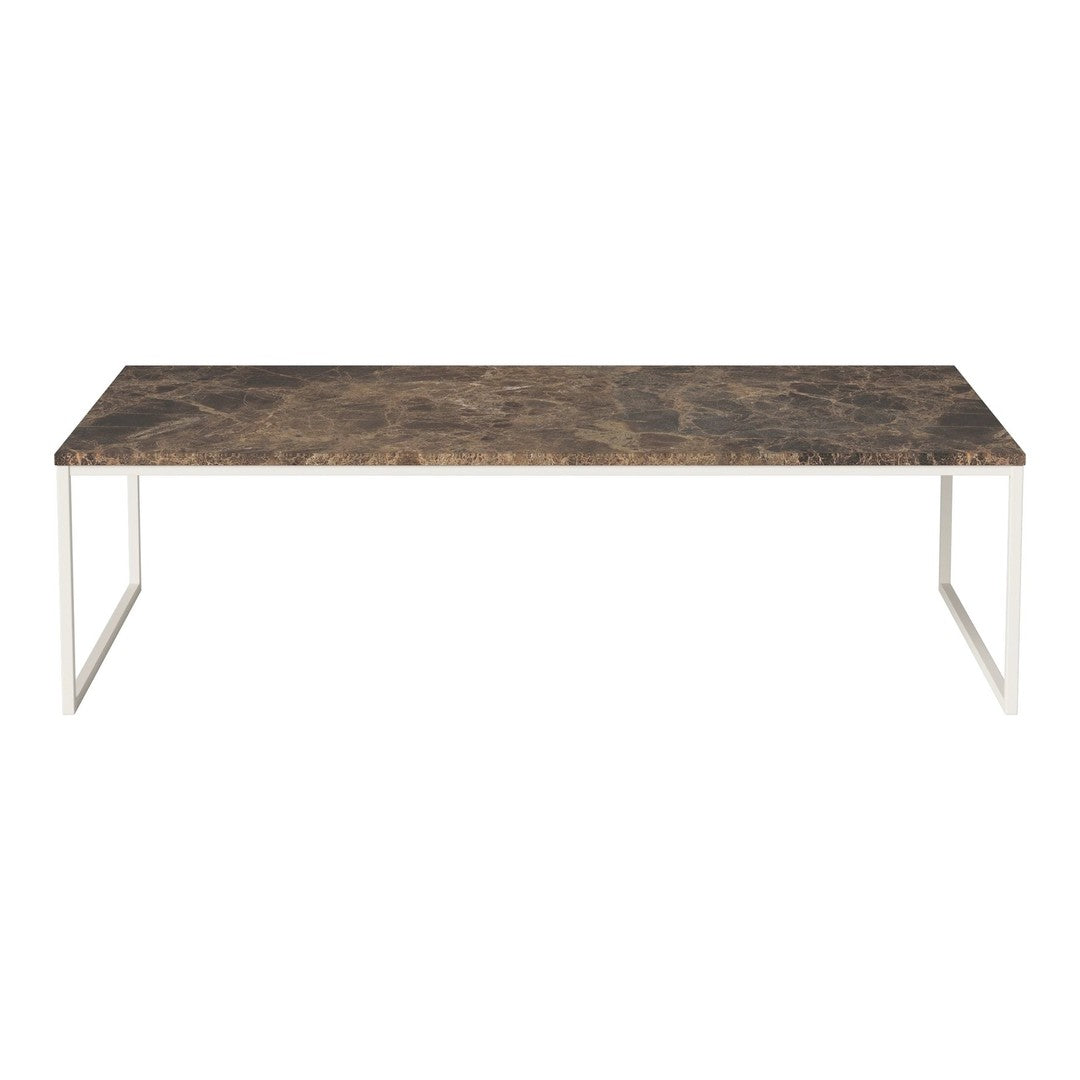 "Brown marble tabletop with unique veining patterns, supported by a sleek white metal frame."
