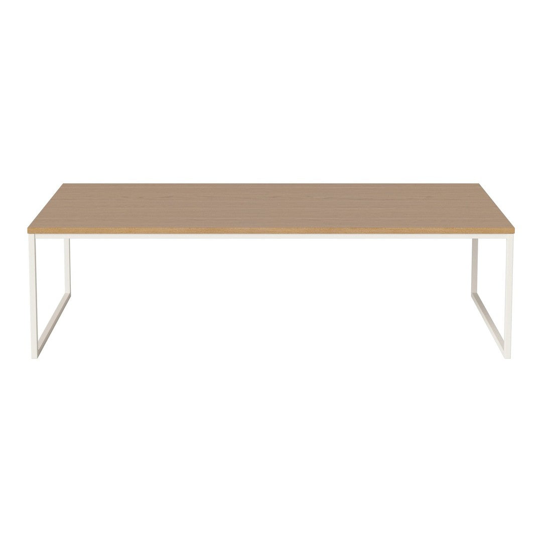 Light wood tabletop with a smooth finish, complemented by a sleek white metal frame.