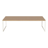 Light wood tabletop with a smooth finish, complemented by a sleek white metal frame.
