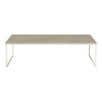 Light gray rectangular tabletop with a minimalist white metal frame, offering a modern, sleek design.