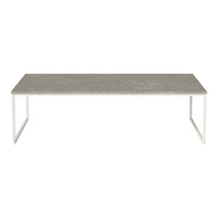 Gray stone tabletop with a smooth finish, complemented by white metal legs in a minimalist design.