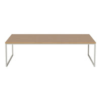 Light wood tabletop with a smooth finish, complemented by sleek silver metal legs. Minimalist and modern design.