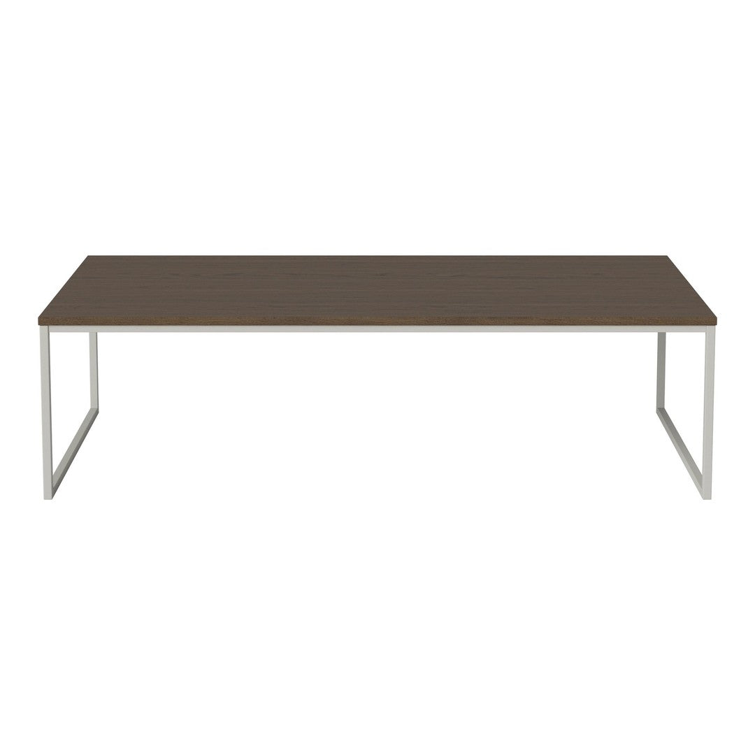 Brown wooden table top with sleek silver metal legs, featuring a minimalist design and clean lines.