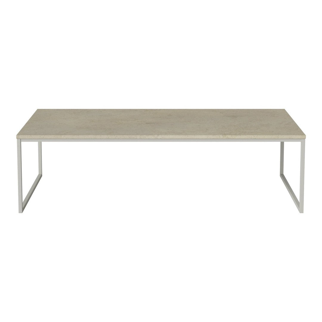 Light grey rectangular coffee table with a smooth top and sleek white metal frame. Modern and minimalist design.