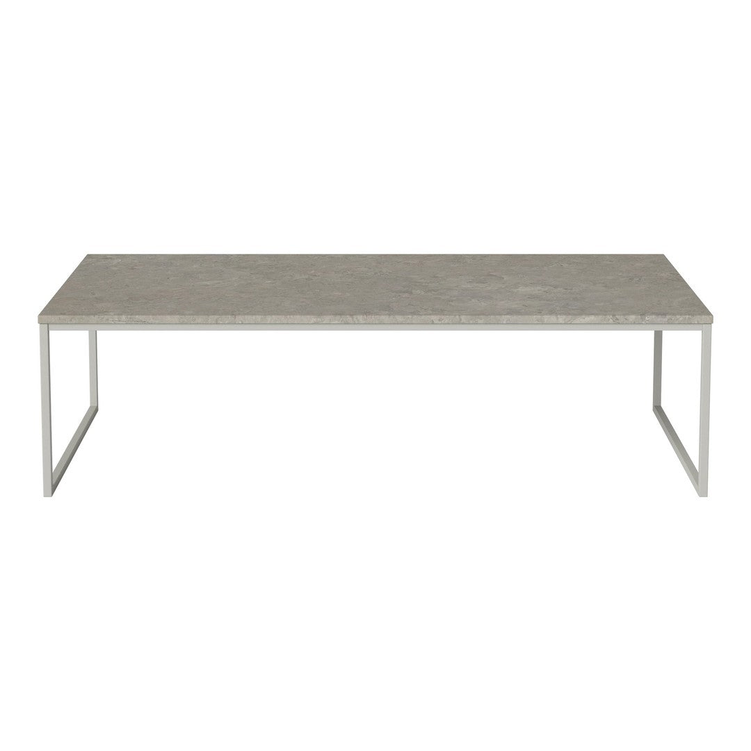 Gray marble coffee table with a sleek, minimalist design and a modern silver frame. Perfect for contemporary decor.