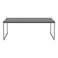 "Modern gray glass table with sleek, minimalist metal frame."