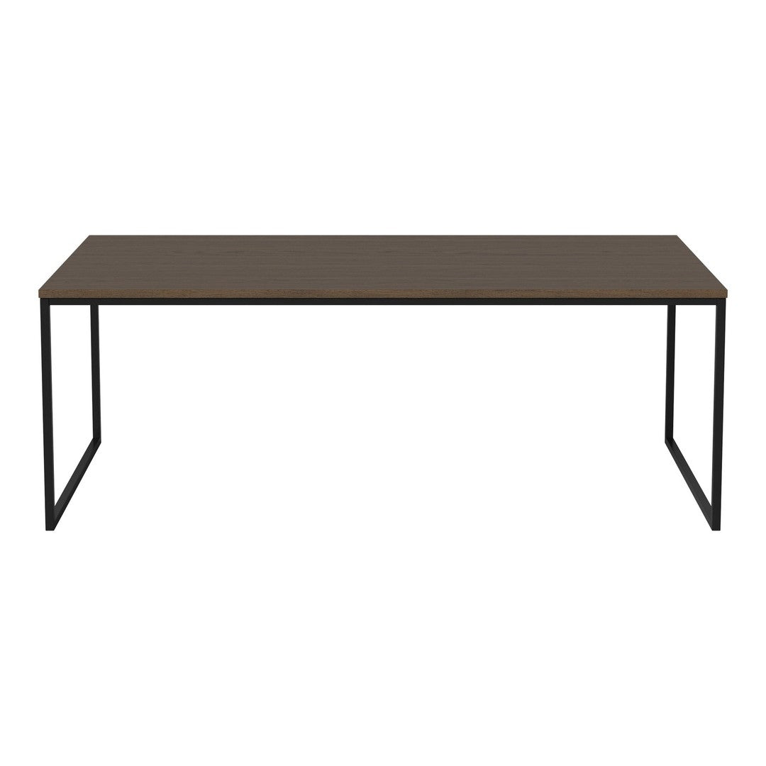 Brown wood tabletop with sleek black metal legs, featuring a minimalist design ideal for modern spaces.