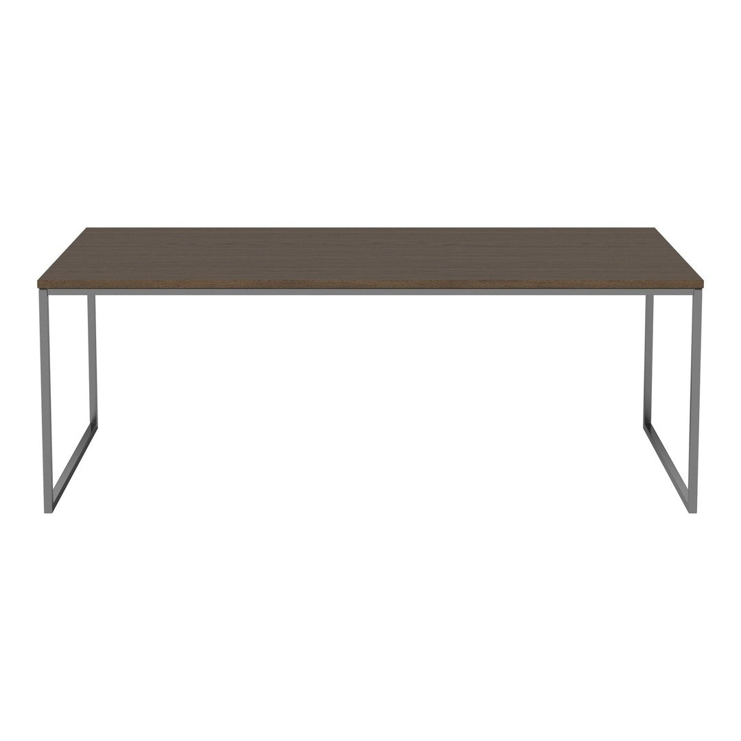 Brown rectangular table with a sleek silver frame, featuring a smooth, minimalist design.