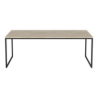 Light wood finish table with a natural grain pattern, complemented by a sleek black metal frame. Perfect for modern decor.