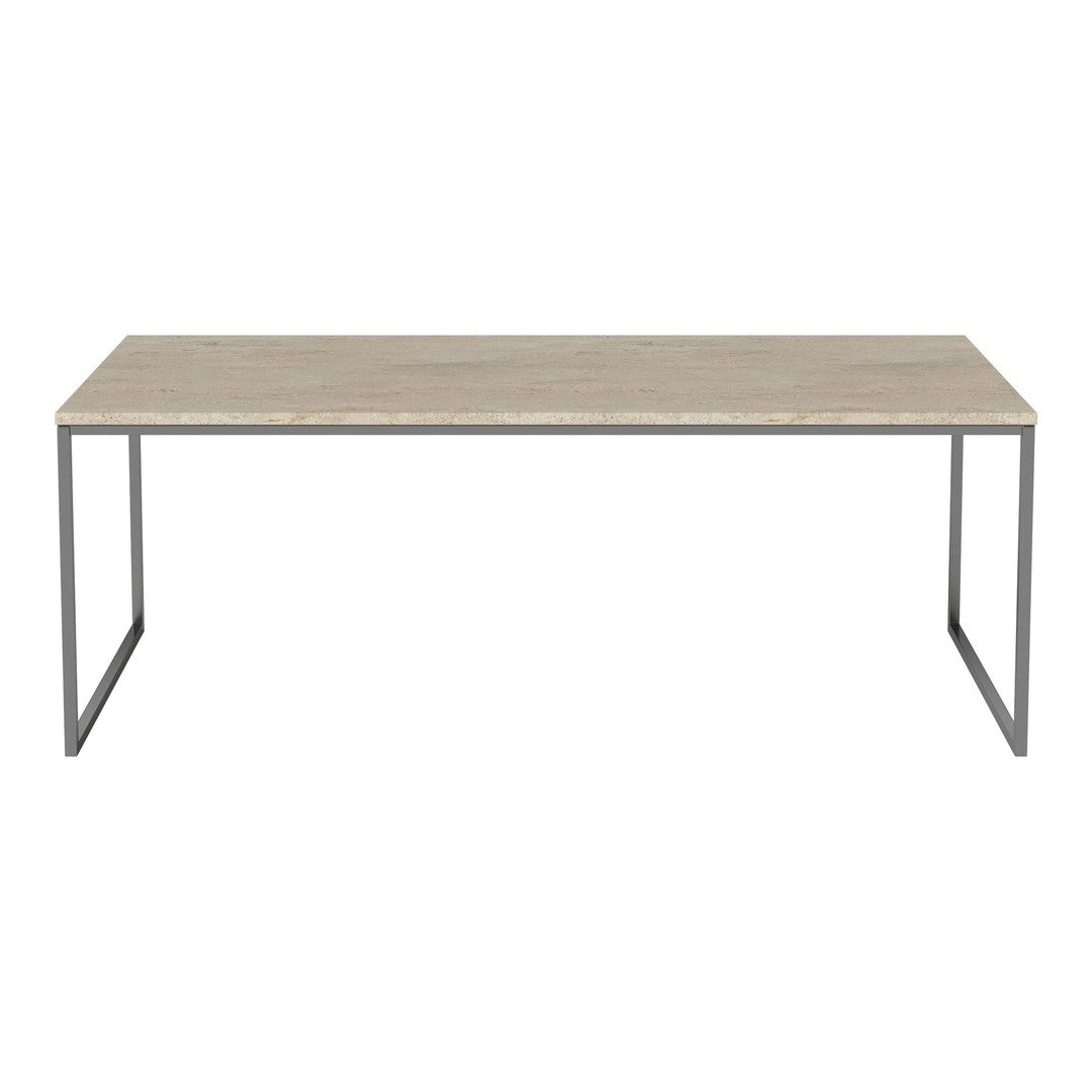Light wood tabletop with a subtle grain pattern, featuring a minimalist metal frame in sleek silver finish.