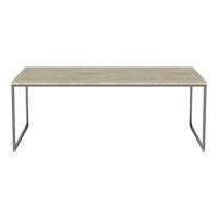 Light wood tabletop with a subtle grain pattern, featuring a minimalist metal frame in sleek silver finish.