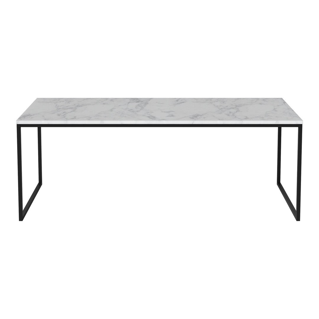 "Marble-patterned white table top with sleek black metal legs, ideal for modern décor."