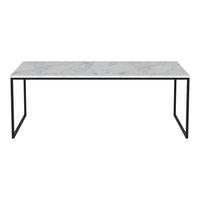 "Marble-patterned white table top with sleek black metal legs, ideal for modern décor."