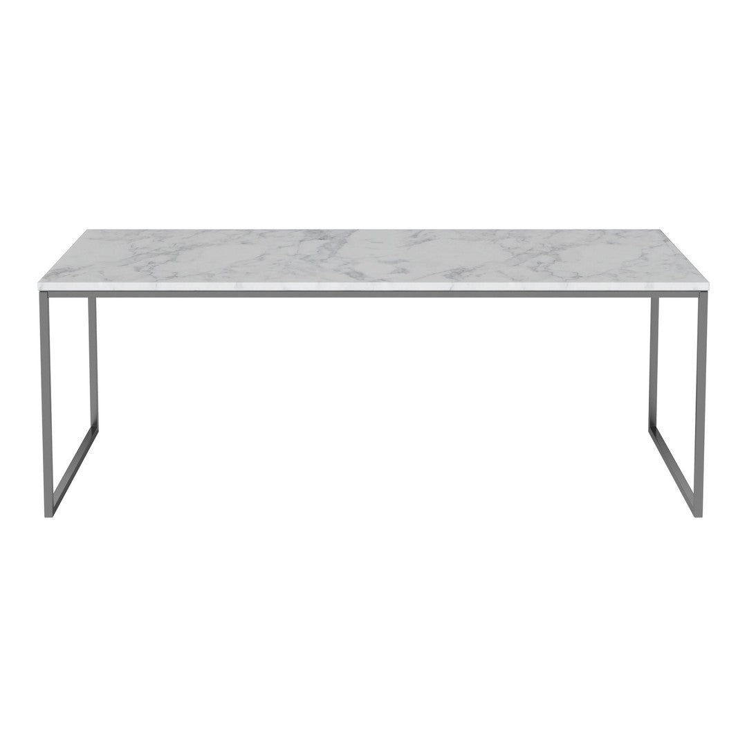 Marble-patterned tabletop in white with gray veining, complemented by a sleek silver metal frame.