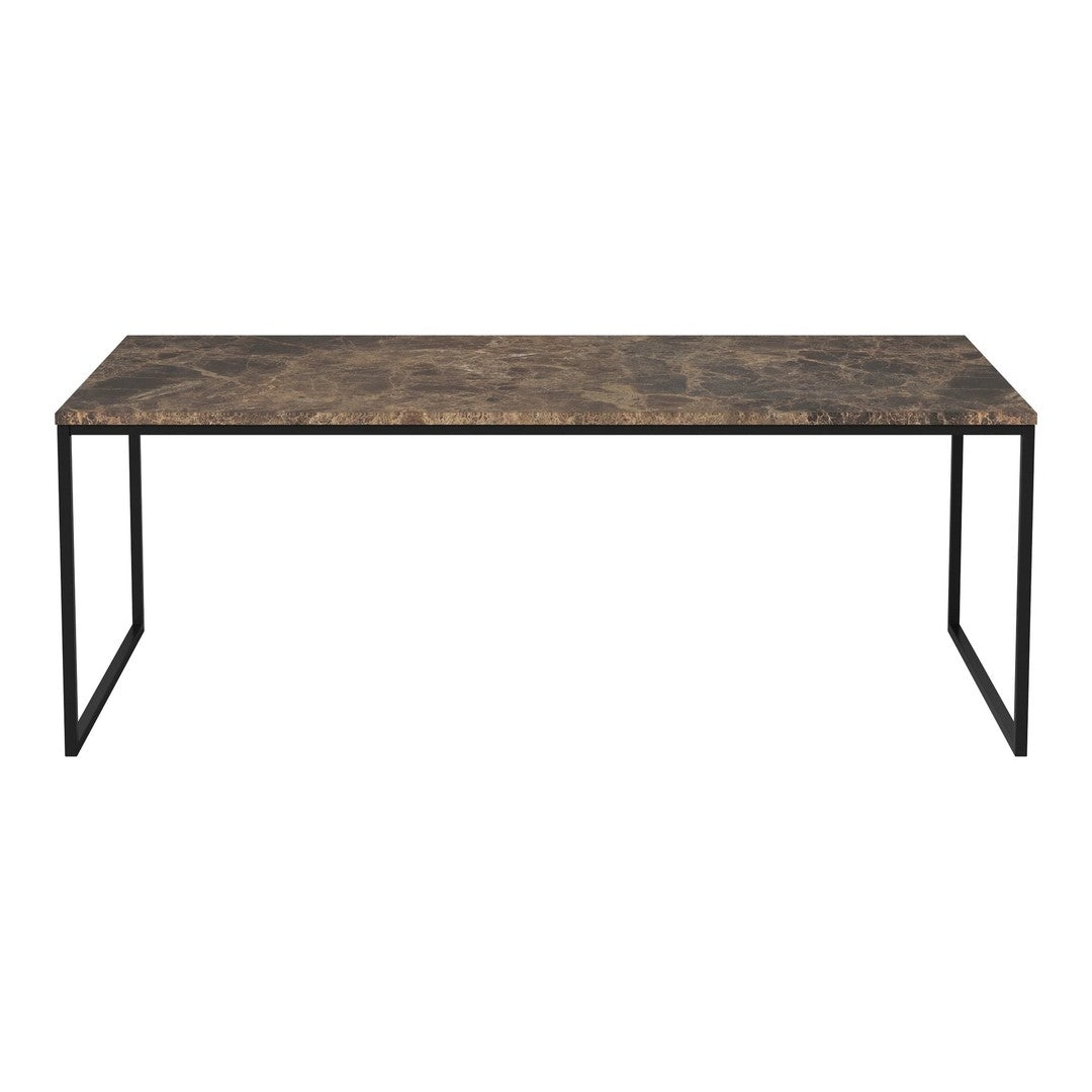 Modern rectangular table featuring a dark brown marble-patterned top and sleek black metal frame.
