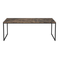 Modern rectangular table featuring a dark brown marble-patterned top and sleek black metal frame.