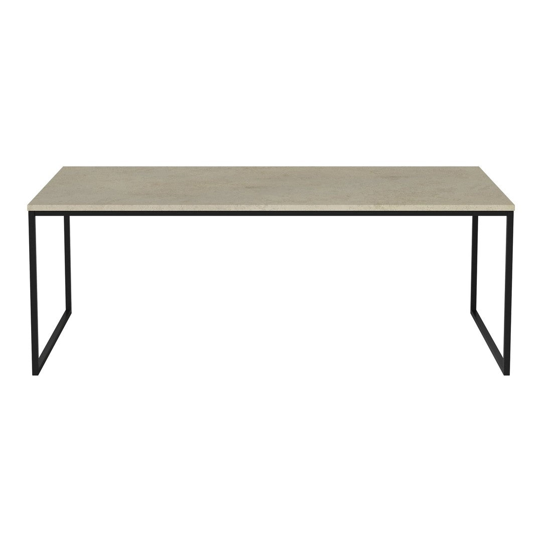Modern light gray tabletop with a minimalist black metal frame, featuring a sleek, industrial design.