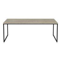 Modern light gray tabletop with a minimalist black metal frame, featuring a sleek, industrial design.