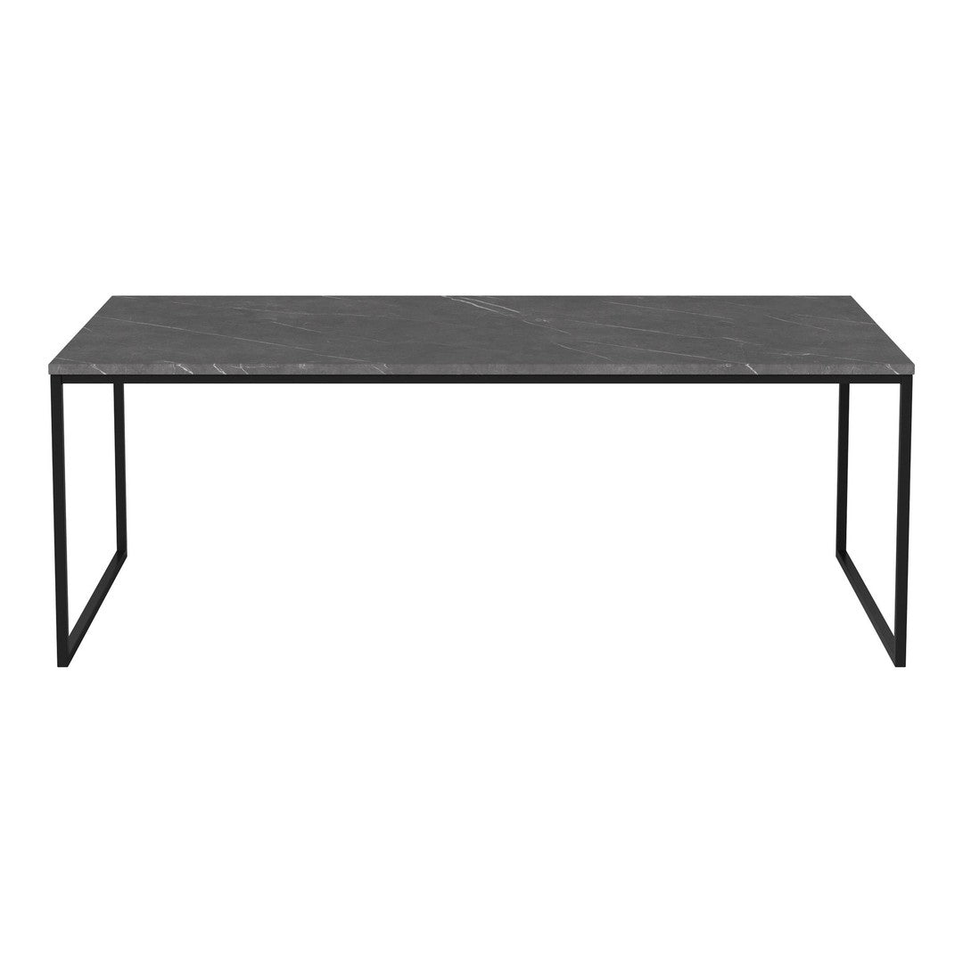 Sleek black marble table with subtle gray veining and minimalist black metal legs. Perfect for modern decor.