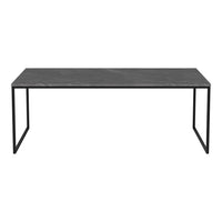 Sleek black marble table with subtle gray veining and minimalist black metal legs. Perfect for modern decor.