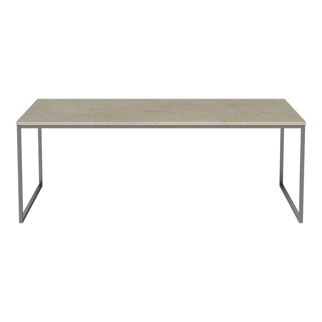 "Light gray tabletop with a smooth finish and metal legs in a sleek silver tone."
