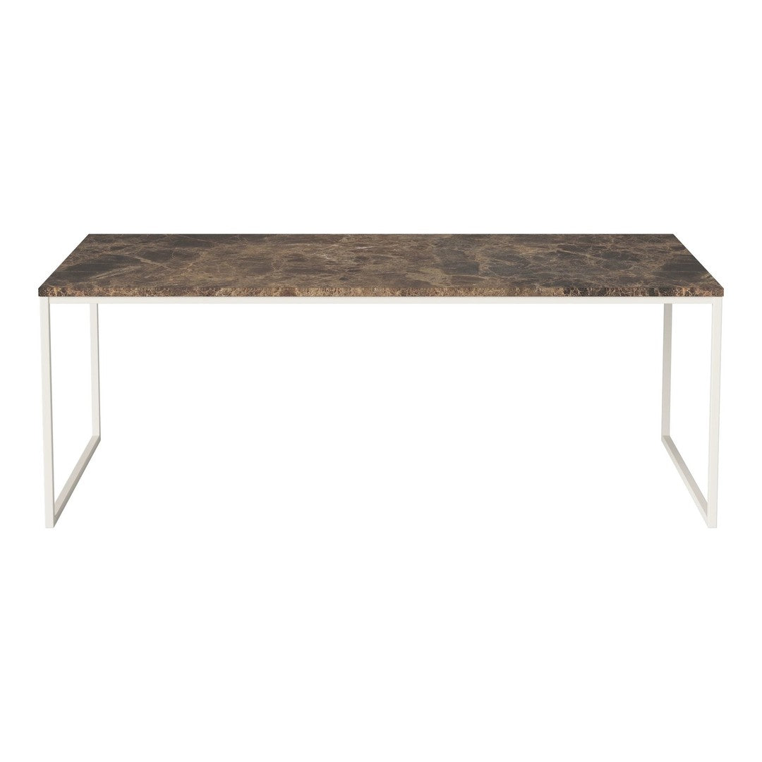 "Rectangular table with a dark wood-patterned top and white metal legs, creating a modern aesthetic."