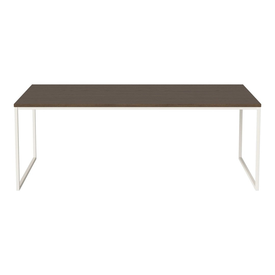 Modern rectangular table with a dark brown top and sleek white metal legs. Simple, elegant design for any decor.