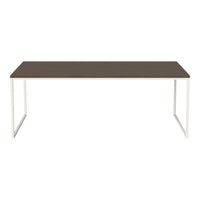Modern rectangular table with a dark brown top and sleek white metal legs. Simple, elegant design for any decor.