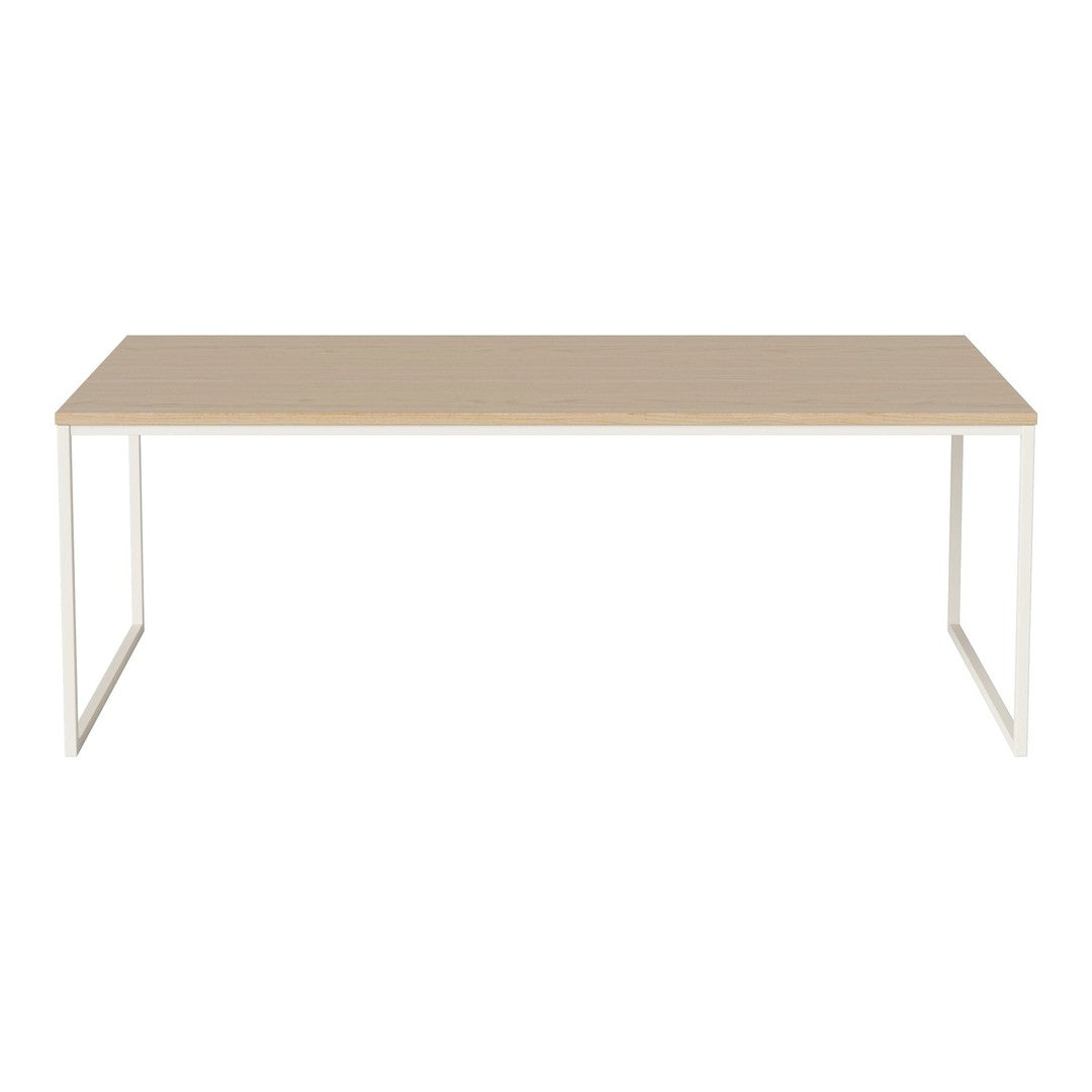 Light wood tabletop with a smooth finish, supported by sleek white metal legs. Ideal for modern spaces.