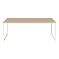 Light wood tabletop with a smooth finish, supported by sleek white metal legs. Ideal for modern spaces.