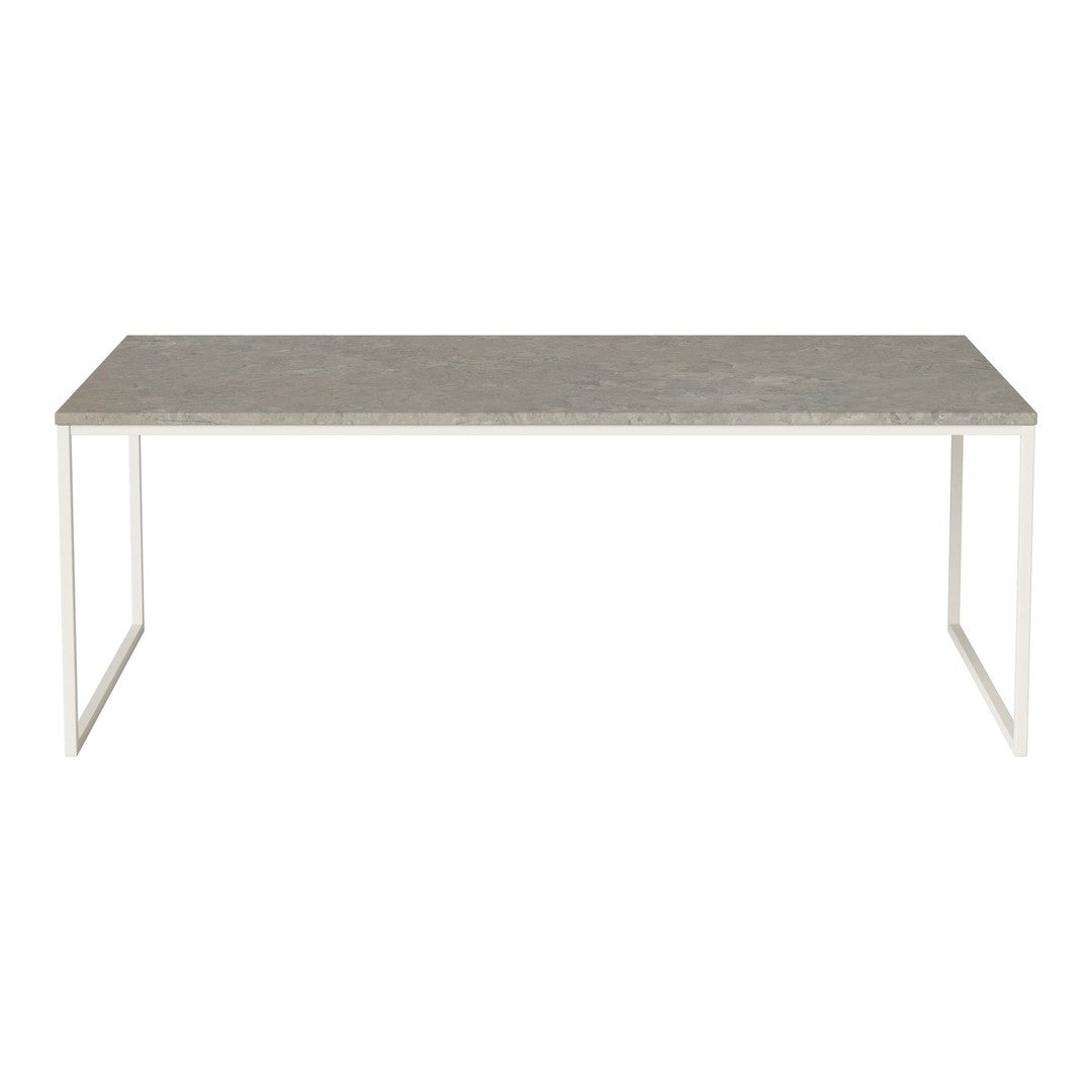 Gray concrete top with subtle texture, complemented by sleek white metal legs. Modern design for any decor.
