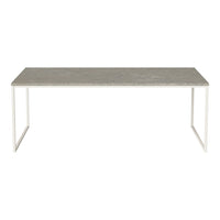 Gray concrete top with subtle texture, complemented by sleek white metal legs. Modern design for any decor.