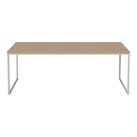 Light wood tabletop with a smooth finish and sleek silver metal legs, offering a modern and minimalist design.