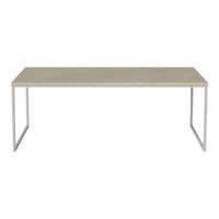 Light gray tabletop with a smooth finish and minimalist white metal legs, perfect for modern decor.