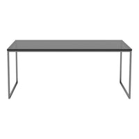 Modern gray glass table with a sleek silver frame, featuring a minimalist design. Perfect for contemporary spaces.