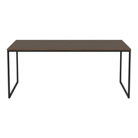 Brown tabletop with a sleek black metal frame, featuring a minimalist design and smooth finish. Ideal for modern spaces.