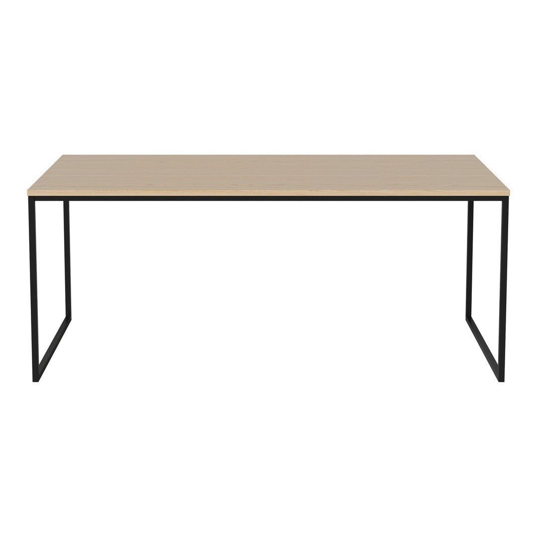 Beige tabletop with a smooth finish, featuring a minimalist black metal frame for a modern aesthetic.