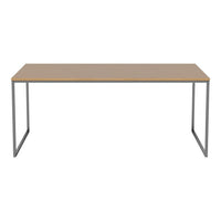 Modern rectangular table with a light wood top and sleek silver metal legs. Minimalist design with neutral colors.