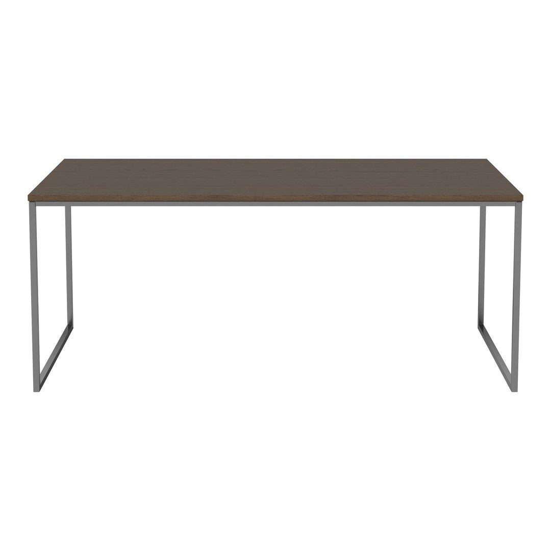 Brown wooden tabletop with sleek gray metal legs, minimalist design. Perfect for modern home or office decor.