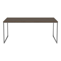 Brown wooden tabletop with sleek gray metal legs, minimalist design. Perfect for modern home or office decor.