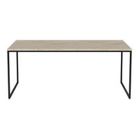 Minimalist rectangular table with a light beige wood top and sleek black metal legs. Perfect for modern decor.