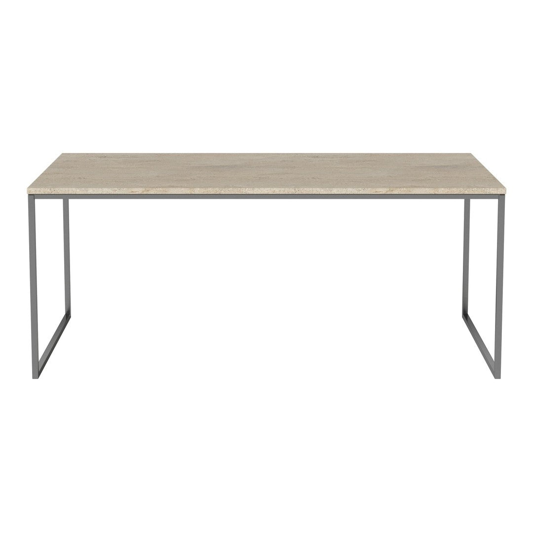 Gray marble tabletop with subtle veining, paired with sleek black metal legs. Modern and minimalistic design.