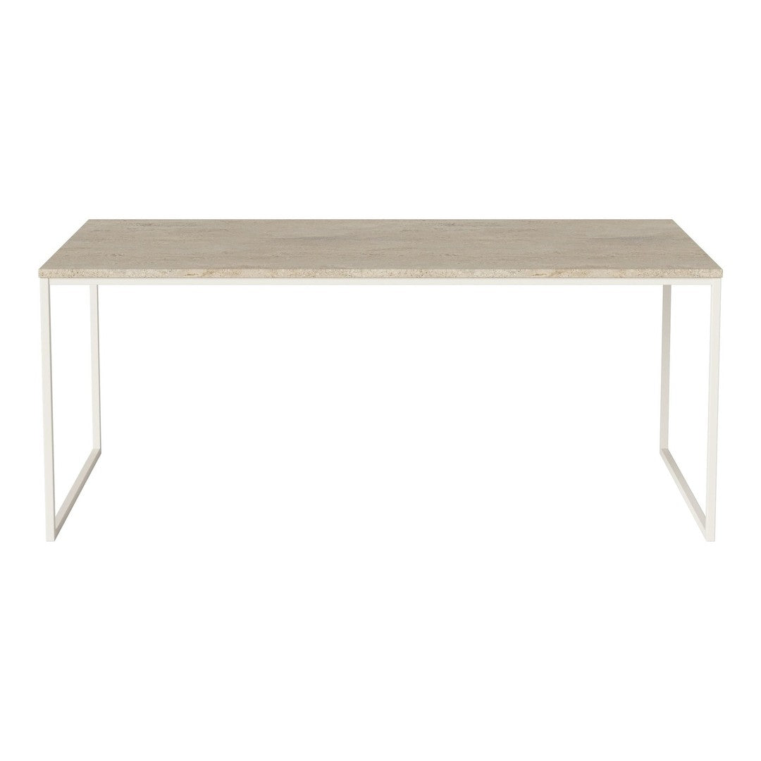 Light wood tabletop with a natural grain pattern, paired with sleek white metal legs for a modern look.